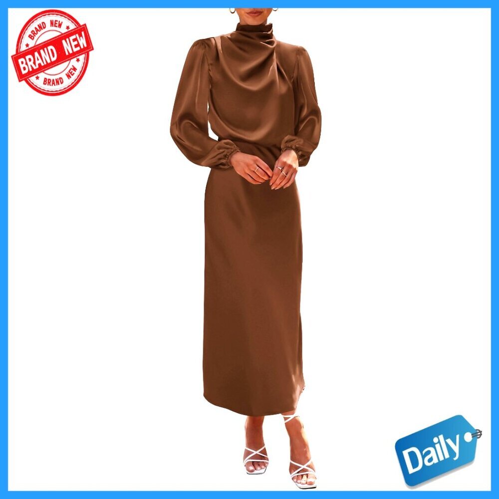 Satin Mock Neck Maxi Dress Formal Elegant Vintage Long Sleeve Wedding Party